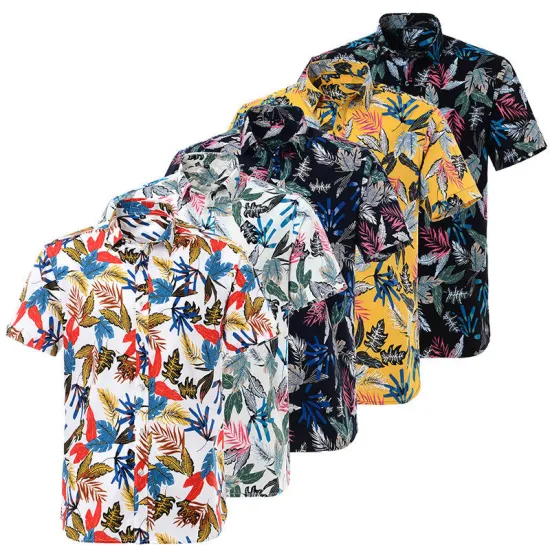 Venda por atacado de algodão de verão com impressão digital de camisas havaianas de manga curta masculina