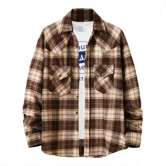 Mais recente streetwear algodão logotipo personalizado impresso vintage angustiado bainha crua masculina xadrez camisa de flanela impressão